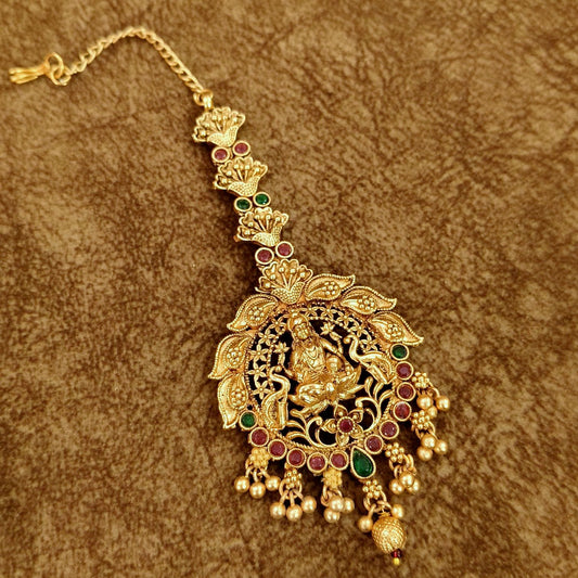 Lakshmi Peacock Temple Maang Tikka with Kundan Stones – Antique Bridal Wedding Head Jewelry