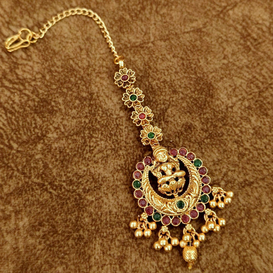 Lakshmi Temple Maang Tikka with Kundan Stones – Traditional Bridal Wedding Head Jewelry