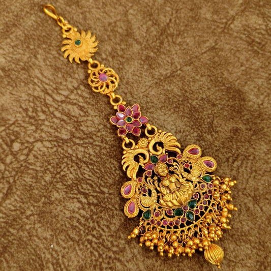 Temple Design Lakshmi Maang Tikka with Kundan Stones – Bridal Wedding Head Jewelry