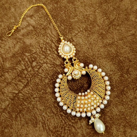 Pearl Kundan Maang Tikka for Women – Gold Tone Bridal Wedding Head Jewelry