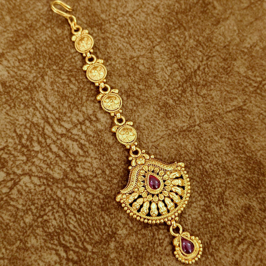 Antique Gold Finish Maang Tikka with Ruby Stone – Traditional Bridal Wedding Head Jewelry