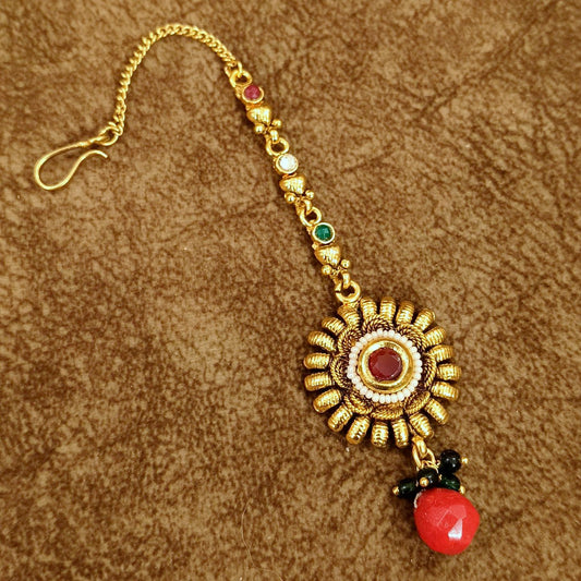 Traditional Gold Tone Maang Tikka with Red Stone & Bead Drop – Bridal Wedding Head Jewelry