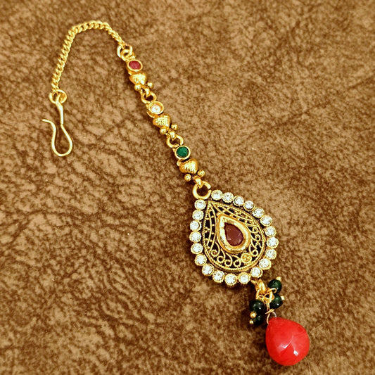 Traditional Kundan Style Maang Tikka with Red Stone & Beads – Bridal Wedding Head Jewelry