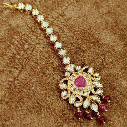 Royal Kundan Maang Tikka with Ruby Drop – Bridal Wedding Head Jewelry