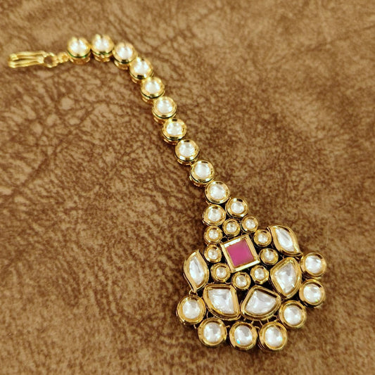 Kundan Pearl Maang Tikka with Pink Stone – Bridal Wedding Head Jewelry