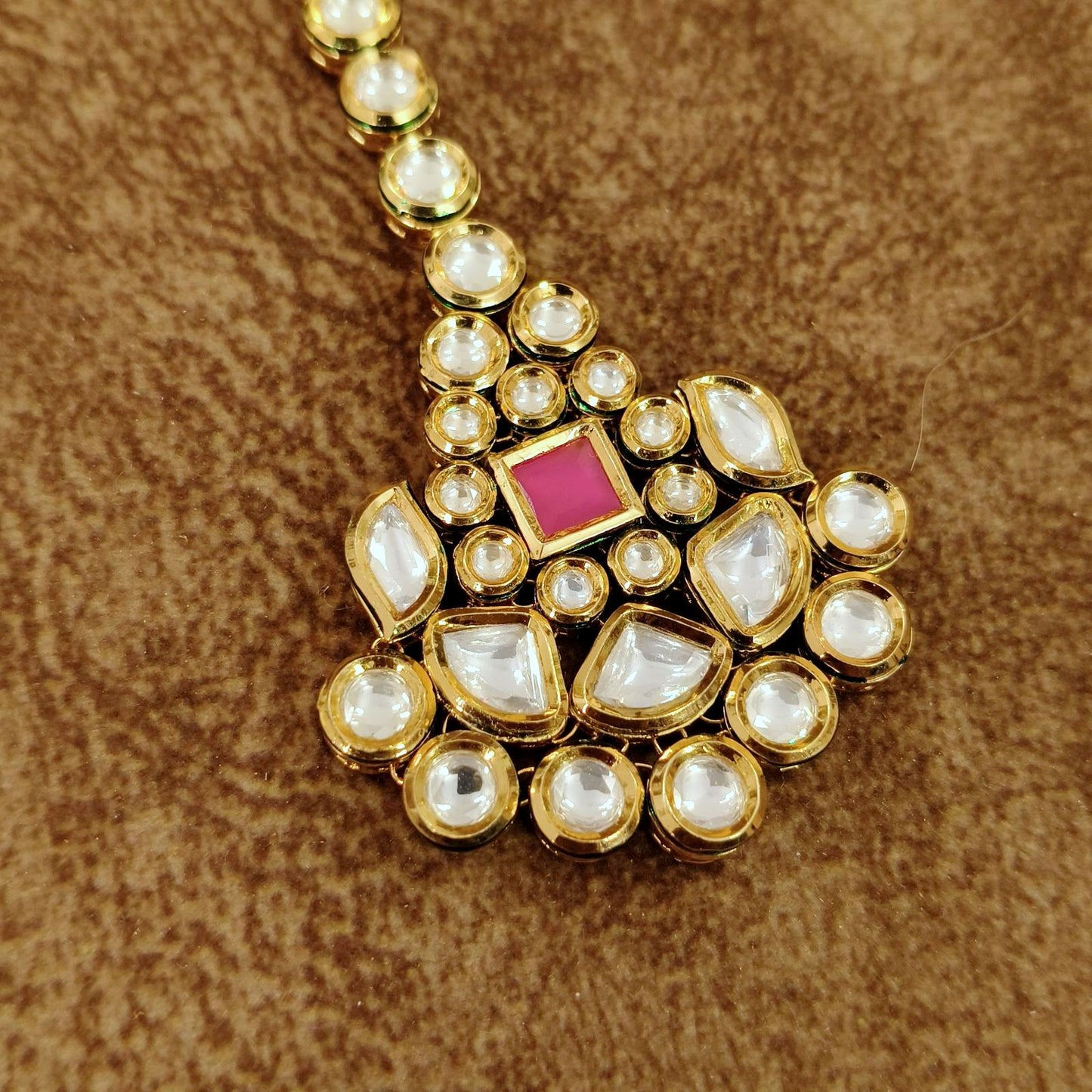 Kundan Pearl Maang Tikka with Pink Stone – Bridal Wedding Head Jewelry