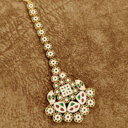 Kundan Pearl Maang Tikka with Pink Stone – Bridal Wedding Head Jewelry