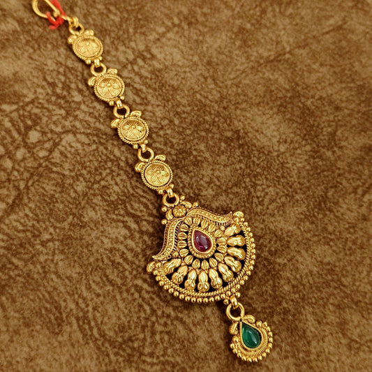 Antique Kundan Maang Tikka with Ruby & Emerald Drop – Bridal Wedding Head Jewelry