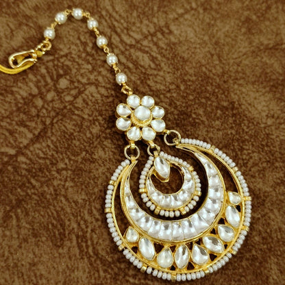 Double Layer Pearl Chand Maang Tikka – Kundan Bridal Wedding Head Jewelry