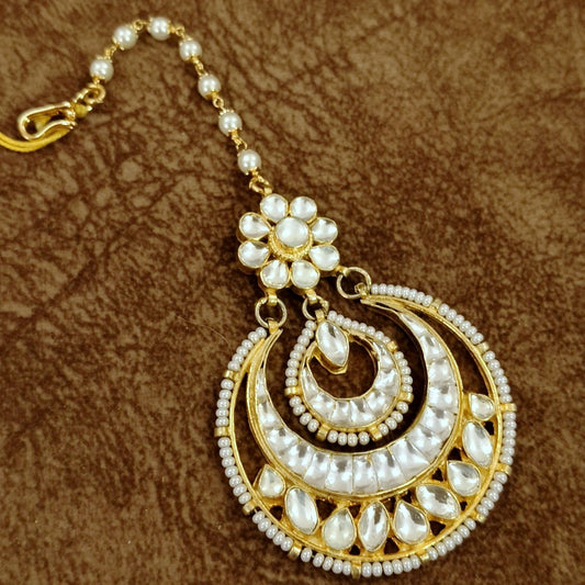 Double Layer Pearl Chand Maang Tikka – Kundan Bridal Wedding Head Jewelry