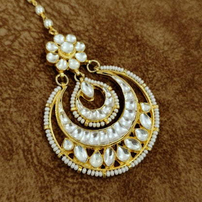 Double Layer Pearl Chand Maang Tikka – Kundan Bridal Wedding Head Jewelry