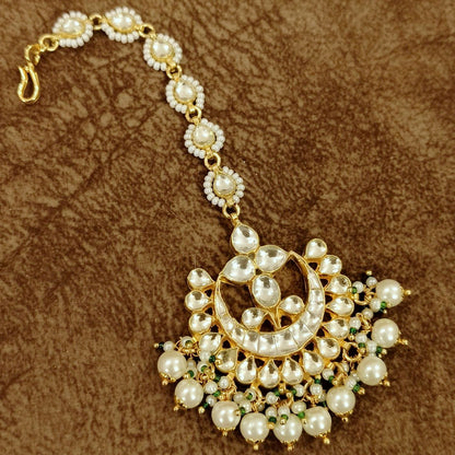 Pearl Kundan Crescent Maang Tikka for Women – Bridal Wedding Head Jewelry