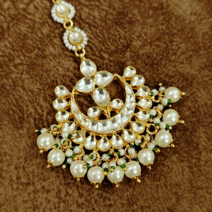 Pearl Kundan Crescent Maang Tikka for Women – Bridal Wedding Head Jewelry