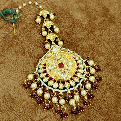 Kundan Pearl Maang Tikka with Ruby Beads – Bridal Traditional Head Jewelry