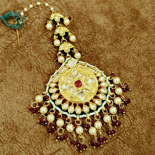 Kundan Pearl Maang Tikka with Ruby Beads – Bridal Traditional Head Jewelry
