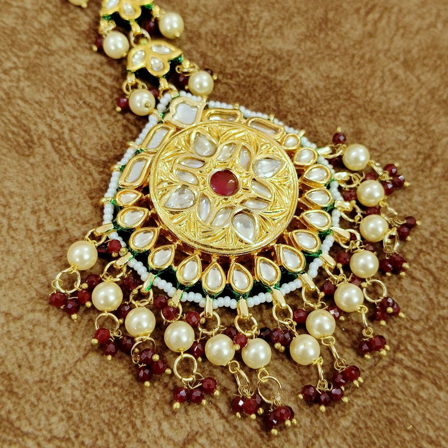 Kundan Pearl Maang Tikka with Ruby Beads – Bridal Traditional Head Jewelry
