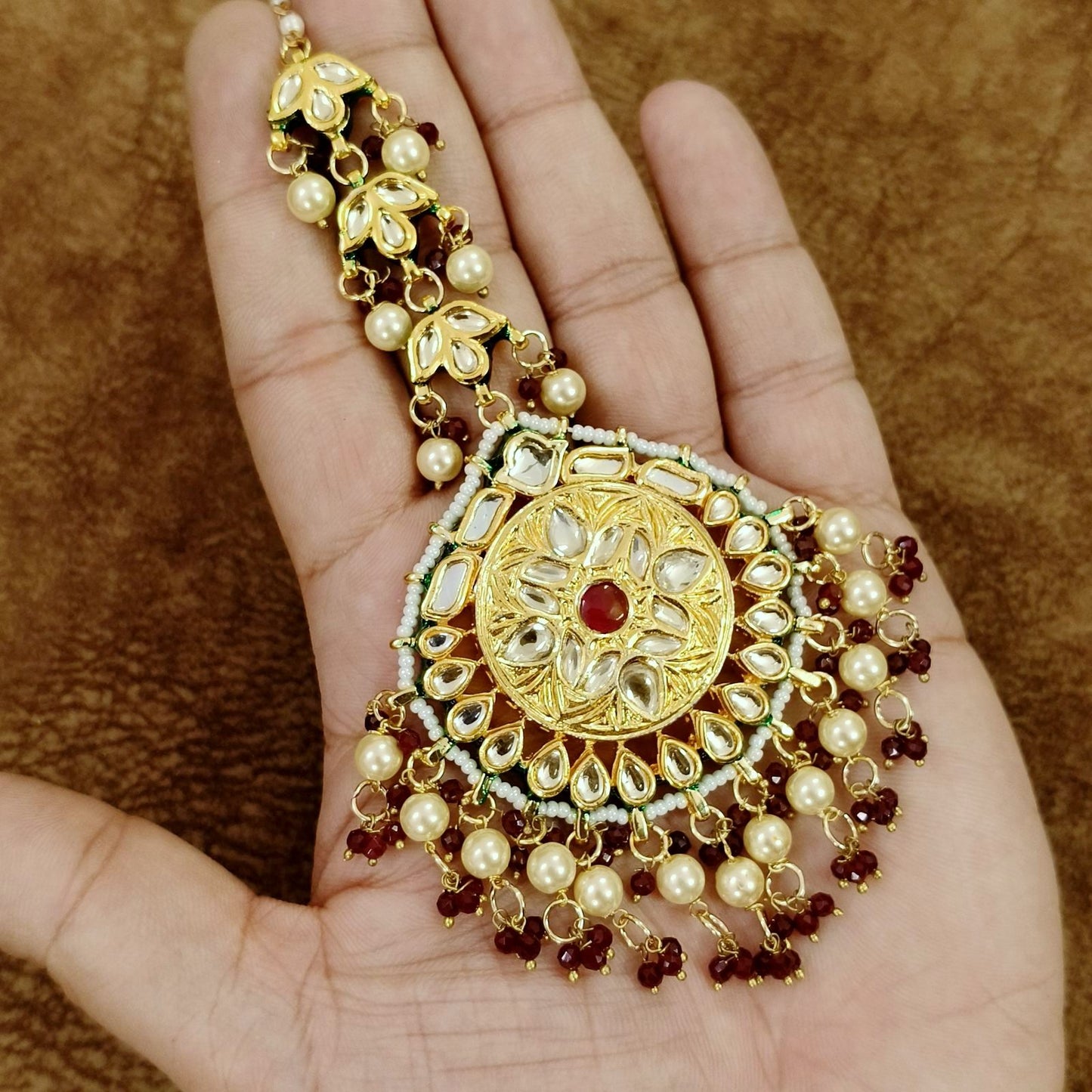 Kundan Pearl Maang Tikka with Ruby Beads – Bridal Traditional Head Jewelry