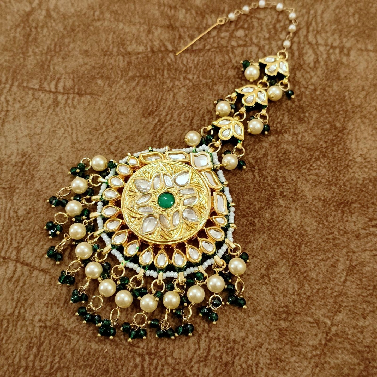 Kundan Pearl Maang Tikka with Green Stone – Bridal Traditional Head Jewelry