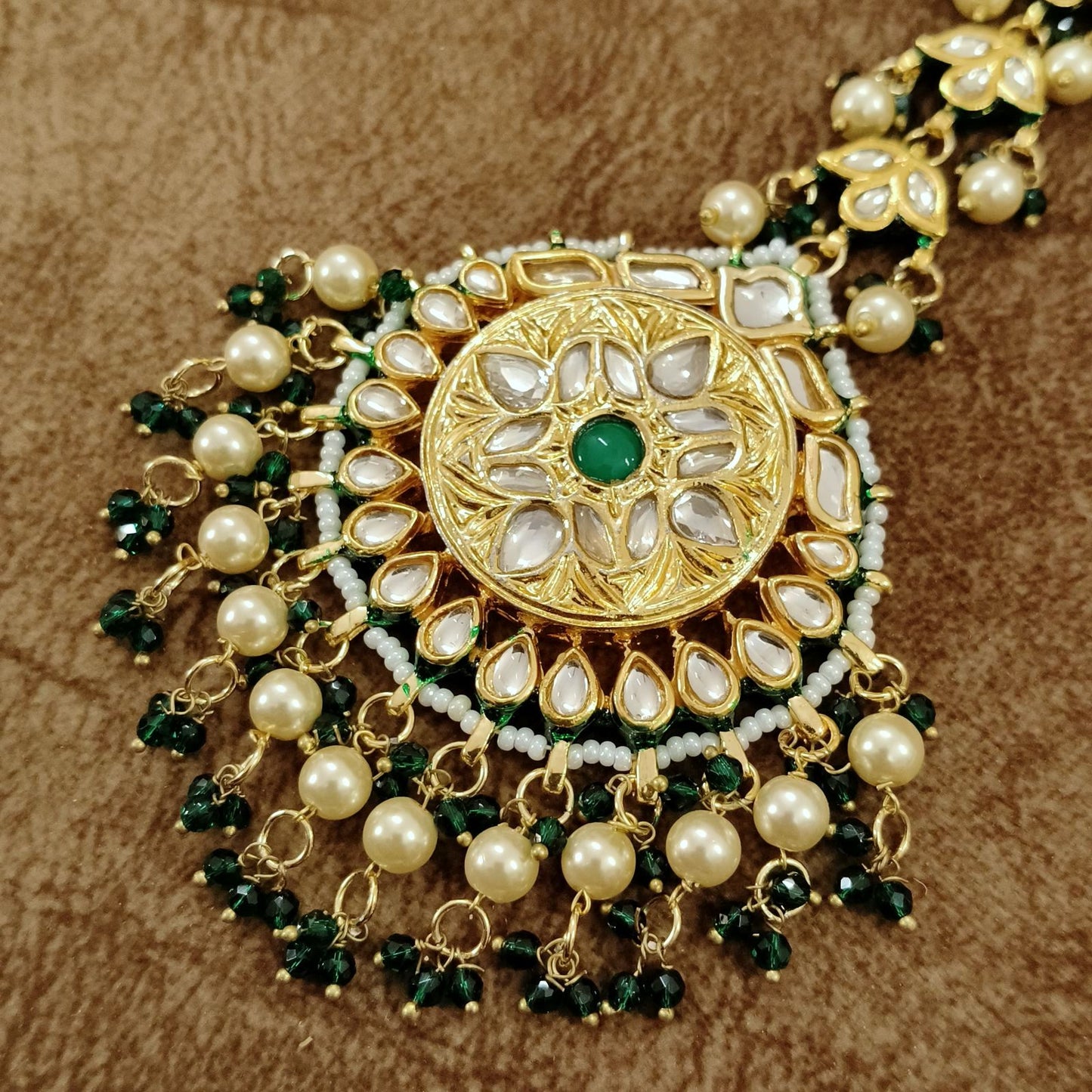 Kundan Pearl Maang Tikka with Green Stone – Bridal Traditional Head Jewelry