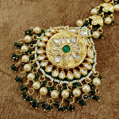 Kundan Pearl Maang Tikka with Green Stone – Bridal Traditional Head Jewelry