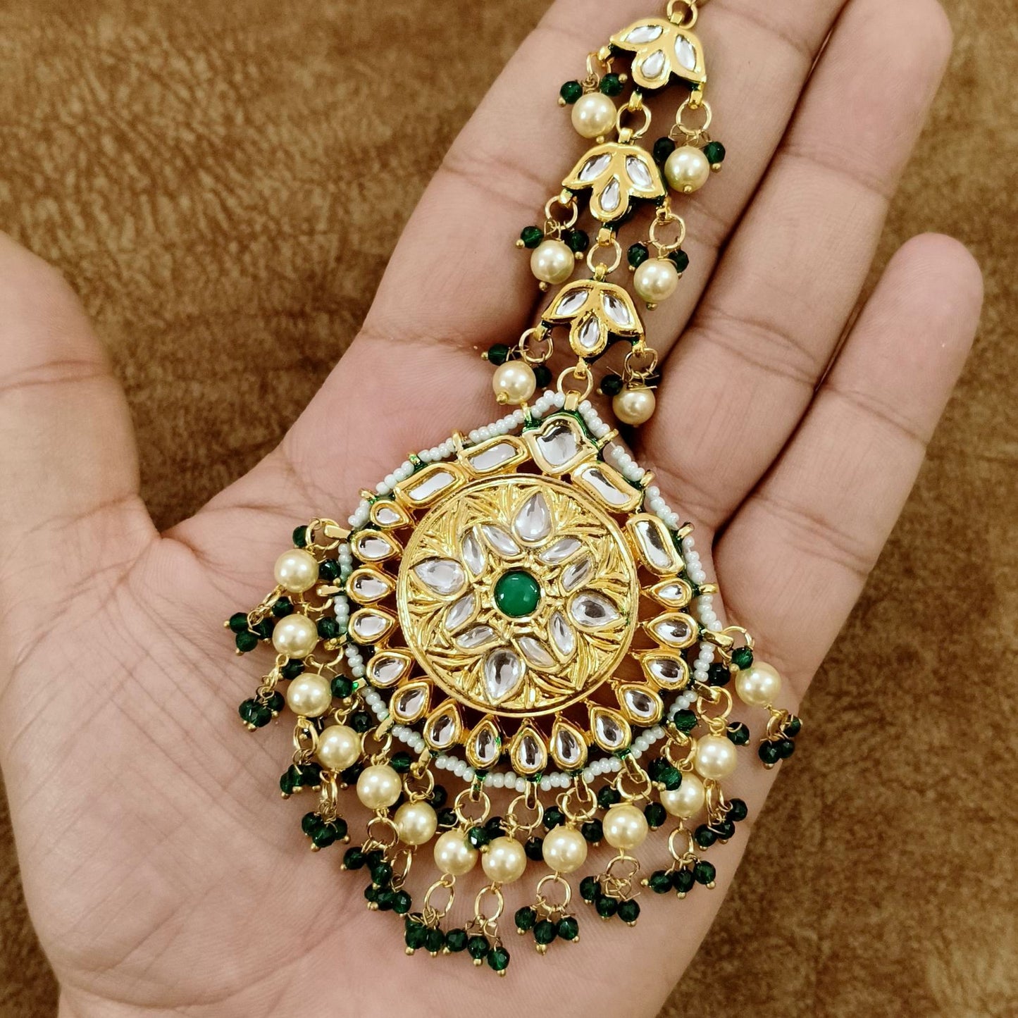 Kundan Pearl Maang Tikka with Green Stone – Bridal Traditional Head Jewelry