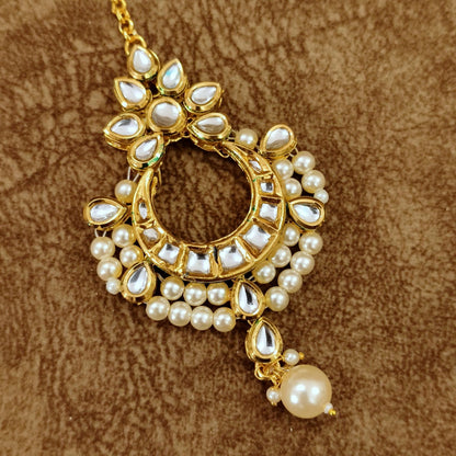 Kundan Pearl Chand Maang Tikka with Floral Top – Bridal Crescent Head Jewelry