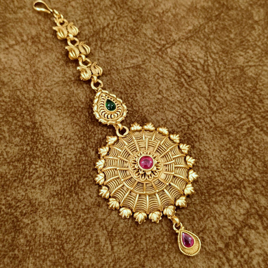Antique Temple Maang Tikka with Ruby & Emerald Stones – Traditional Bridal Head Jewelry