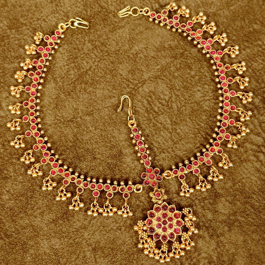 Traditional Temple Ruby Maang Tikka with Gold Bead Drops – Bridal Wedding Head Jewelry