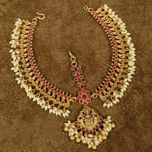 Temple Kundan Maang Tikka with Ruby Stones & Pearl Drops – Bridal Wedding Head Jewelry
