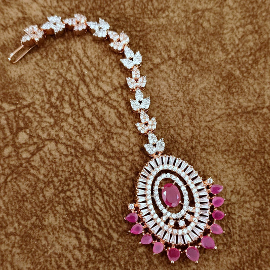 Diamond Look Pink Stone Maang Tikka – CZ Bridal Head Jewelry for Wedding & Party Wear