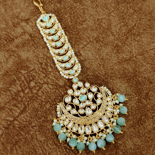 Kundan Chand Maang Tikka with Mint Green Beads – Bridal Polki Crescent Head Jewelry