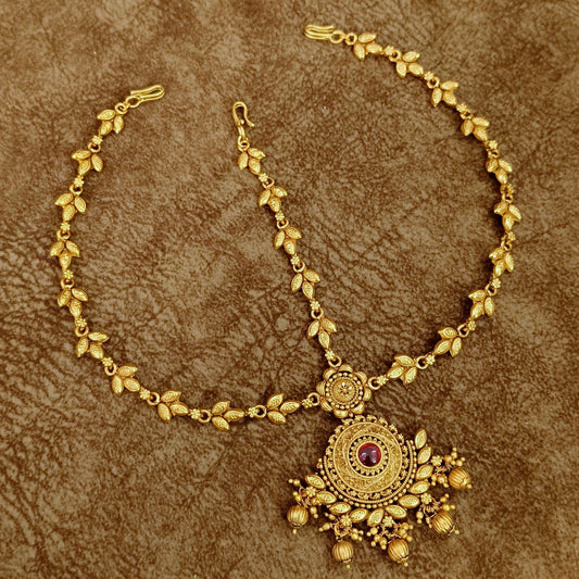 Antique Gold Temple Maang Tikka with Ruby Stone – Traditional Bridal Head Jewelry
