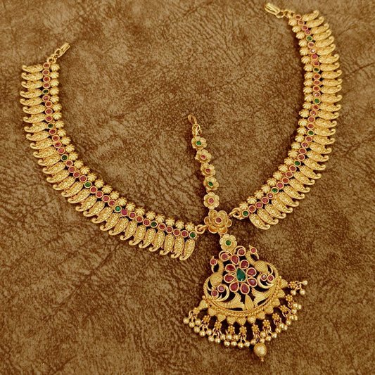 Temple Design Maang Tikka with Kundan & Green Ruby Stones – Bridal Traditional Head Jewelry