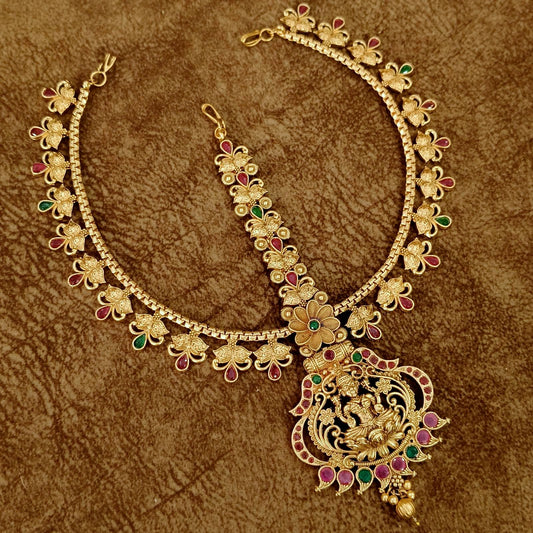 Temple Lakshmi Maang Tikka with Ruby & Emerald Stones – Antique Bridal Head Jewelry