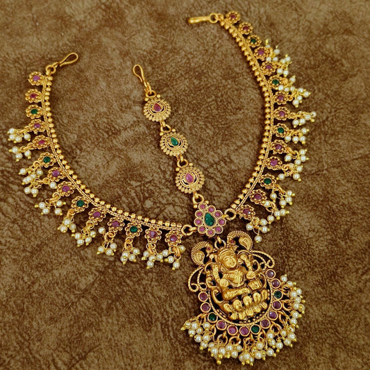 Temple Lakshmi Maang Tikka with Pearl Drops – South Indian Bridal Head Jewelry
