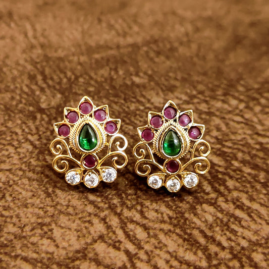 Emerald Ruby CZ Gold Stud Earrings | Temple Jewellery Studs for Women