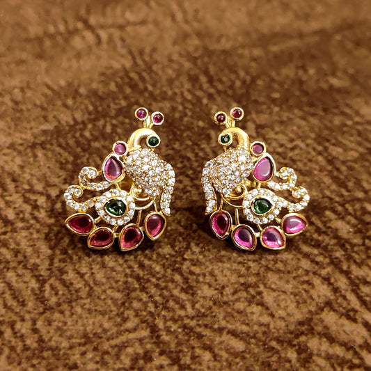 Peacock Ruby Emerald CZ Gold Stud Earrings | Temple Jewellery Peacock Studs for Women