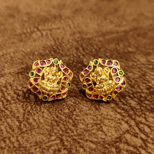 Lakshmi Temple Ruby Emerald Gold Stud Earrings | Nakshi Temple Jewellery Studs for Women