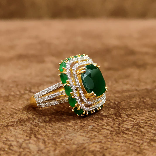 Royal Emerald CZ Statement Ring | Cushion-Cut Gold-Plated Cocktail Ring for Women