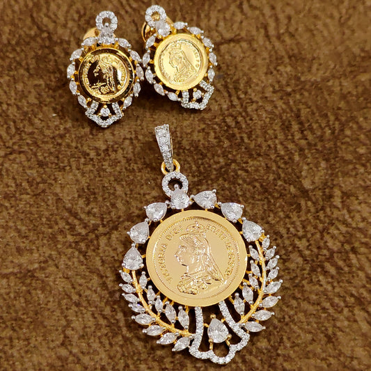 Victoria Coin CZ Pendant & Earring Set | 22kt Gold-Plated Royal Coin Jewellery for Women