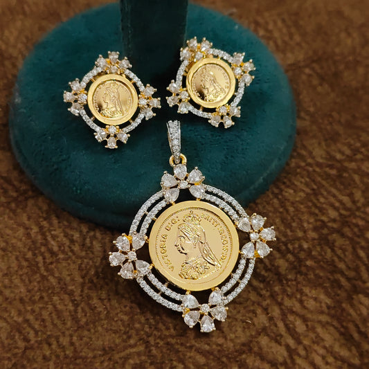 Victoria Coin Triple Halo CZ Pendant & Earring Set | 22kt Gold-Plated Royal Coin Jewellery