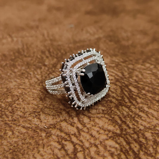 Royal Black Onyx CZ Statement Ring | Cushion-Cut Rhodium-Plated Cocktail Ring for Women