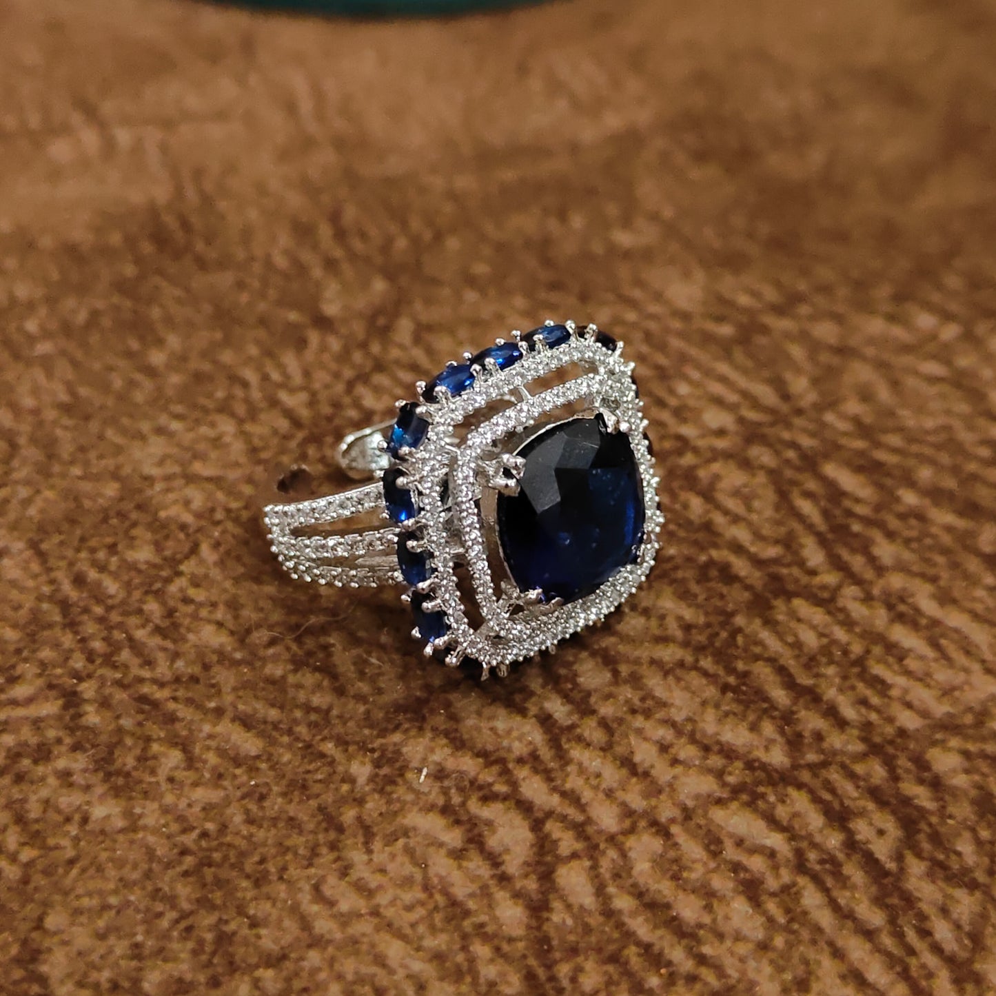Royal Blue Sapphire CZ Statement Ring | Cushion-Cut Rhodium-Plated Cocktail Ring for Women