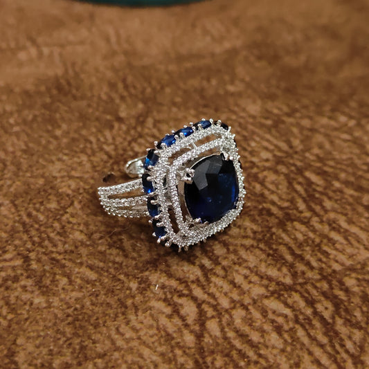 Royal Blue Sapphire CZ Statement Ring | Cushion-Cut Rhodium-Plated Cocktail Ring for Women