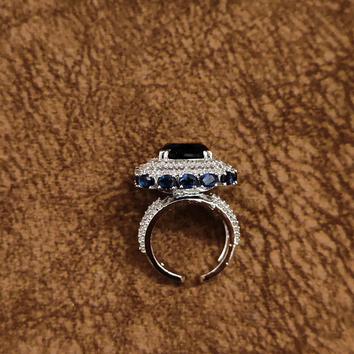 Royal Blue Sapphire CZ Statement Ring | Cushion-Cut Rhodium-Plated Cocktail Ring for Women