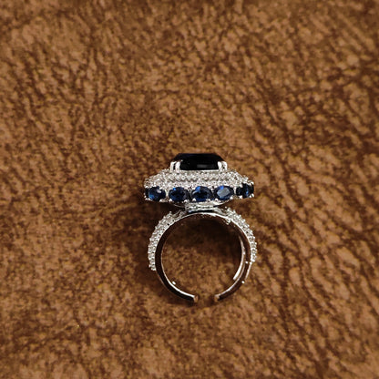 Royal Blue Sapphire CZ Statement Ring | Cushion-Cut Rhodium-Plated Cocktail Ring for Women