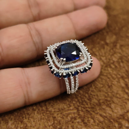 Royal Blue Sapphire CZ Statement Ring | Cushion-Cut Rhodium-Plated Cocktail Ring for Women