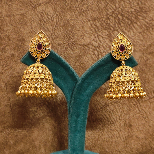 Antique Gold Nakshi Ruby Dome Jhumka Earrings | Handcrafted Temple Jewellery Jhumkas for Women