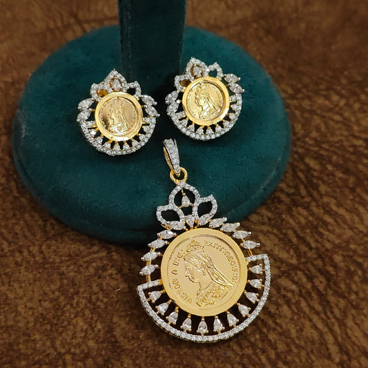 Victoria Coin Crown & Fan CZ Pendant & Earring Set | 22kt Gold-Plated Royal Coin Jewellery