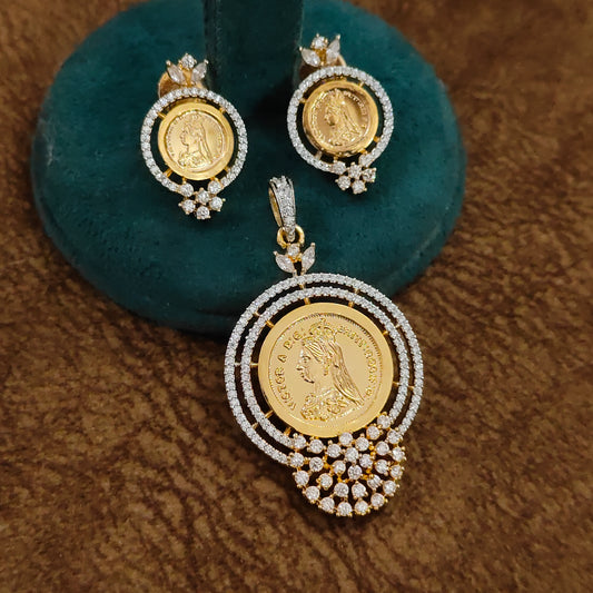 Victoria Coin Teardrop CZ Pendant & Earring Set | 22kt Gold-Plated Royal Coin Jewellery